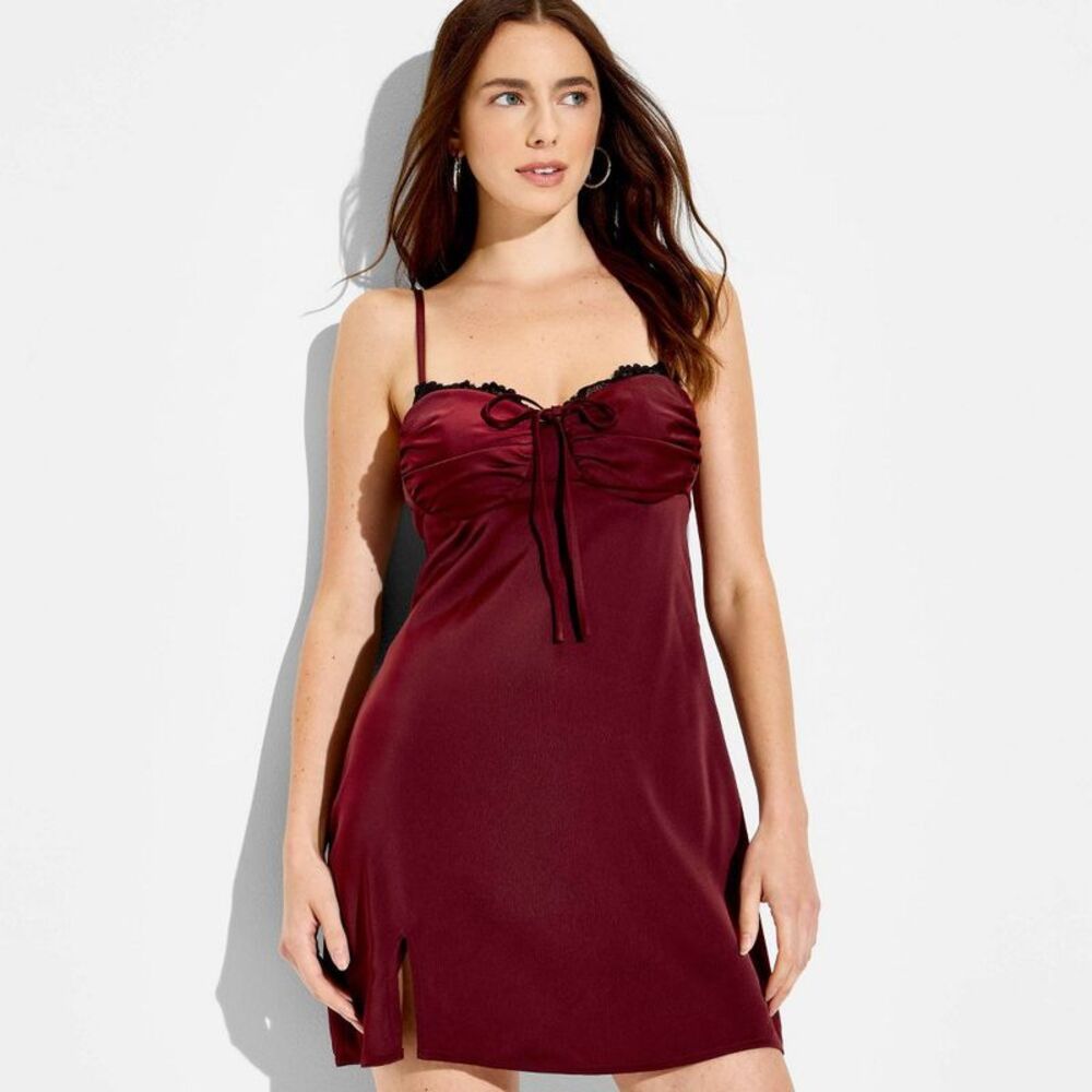 Wild Fable - Women's Lace Trim Satin Bustier Mini A-Line Dress  Burgundy